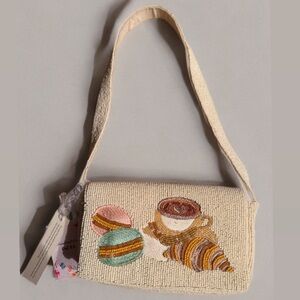 Cream Beaded Shoulder Bag with Pastry Motif
